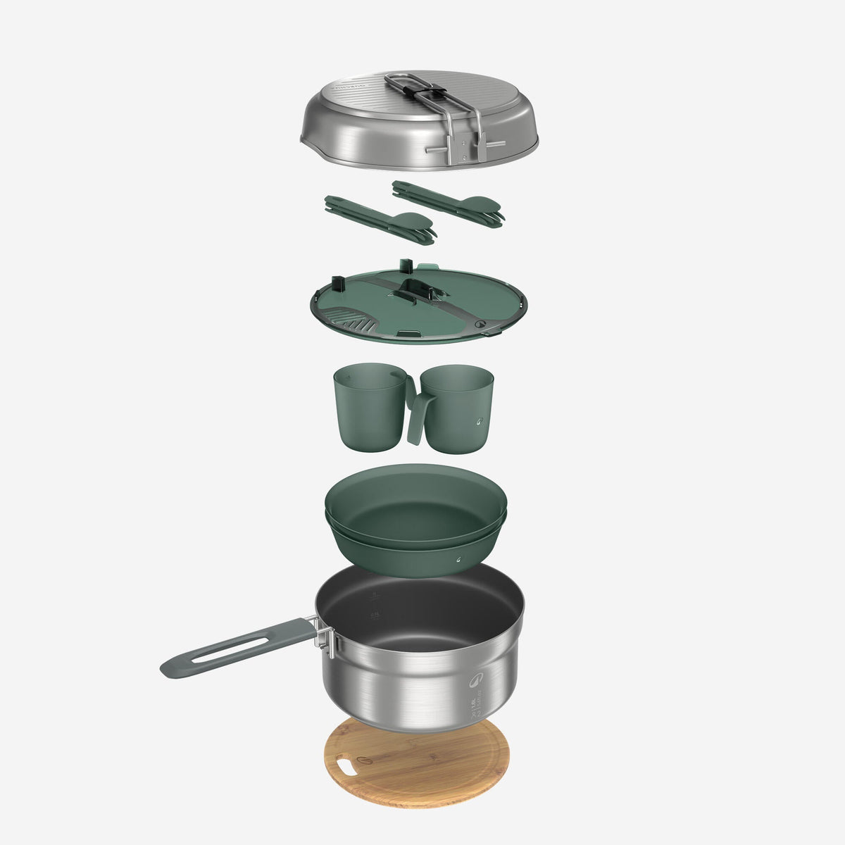 Quechua Stainless steel non-stick camping cookset 500 for 2 people - 15-piece